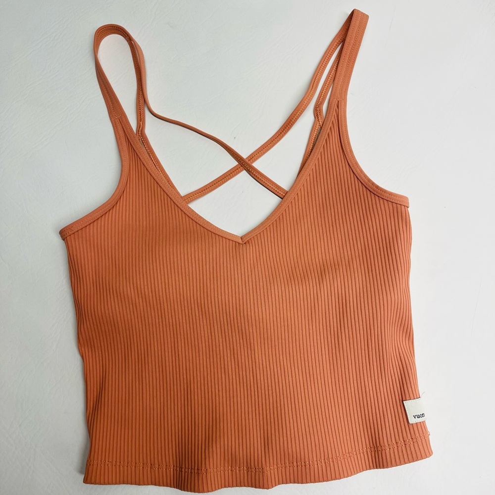 Vuori Ribbed Cross-Back Cropped Tank in Terracotta Orange